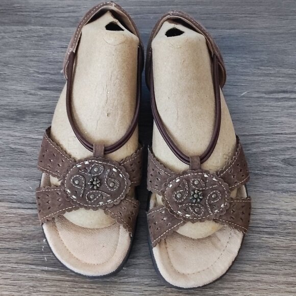 Earth Spirit Low Heel 6.5 Cross Strap Brown Woven Strappy Comfort Boho Sandals - Picture 4 of 12